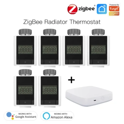 [Set]6PCS Zigbee Trv Thermostatic Heating Radiator Valve Head Controller Actuator Smart Thermostat with 1PC Zigbee Hub APP Remote Control Alexa Acho Google Home